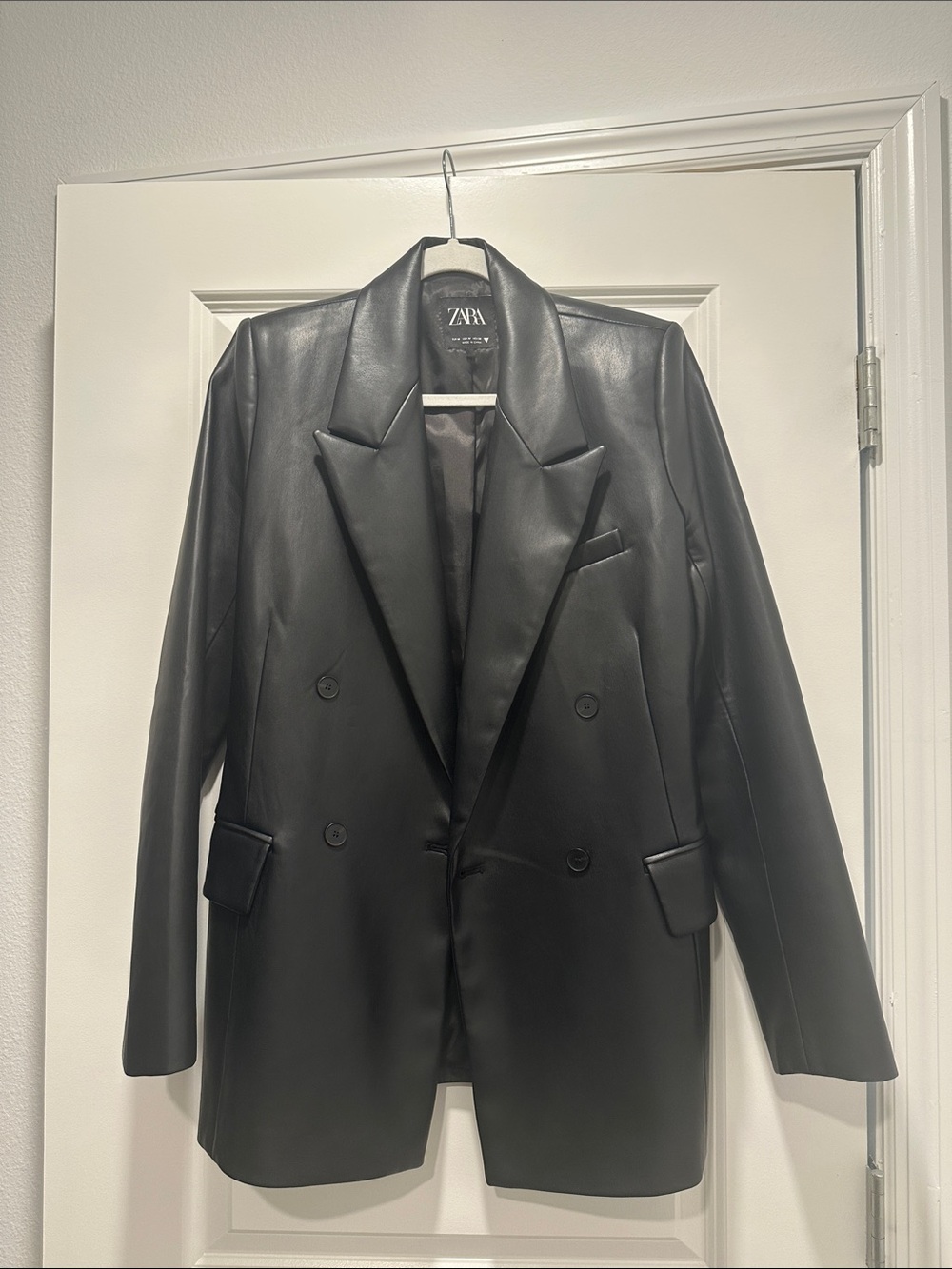 Zara Black Faux Leather Double-Breasted Blazer Jacket